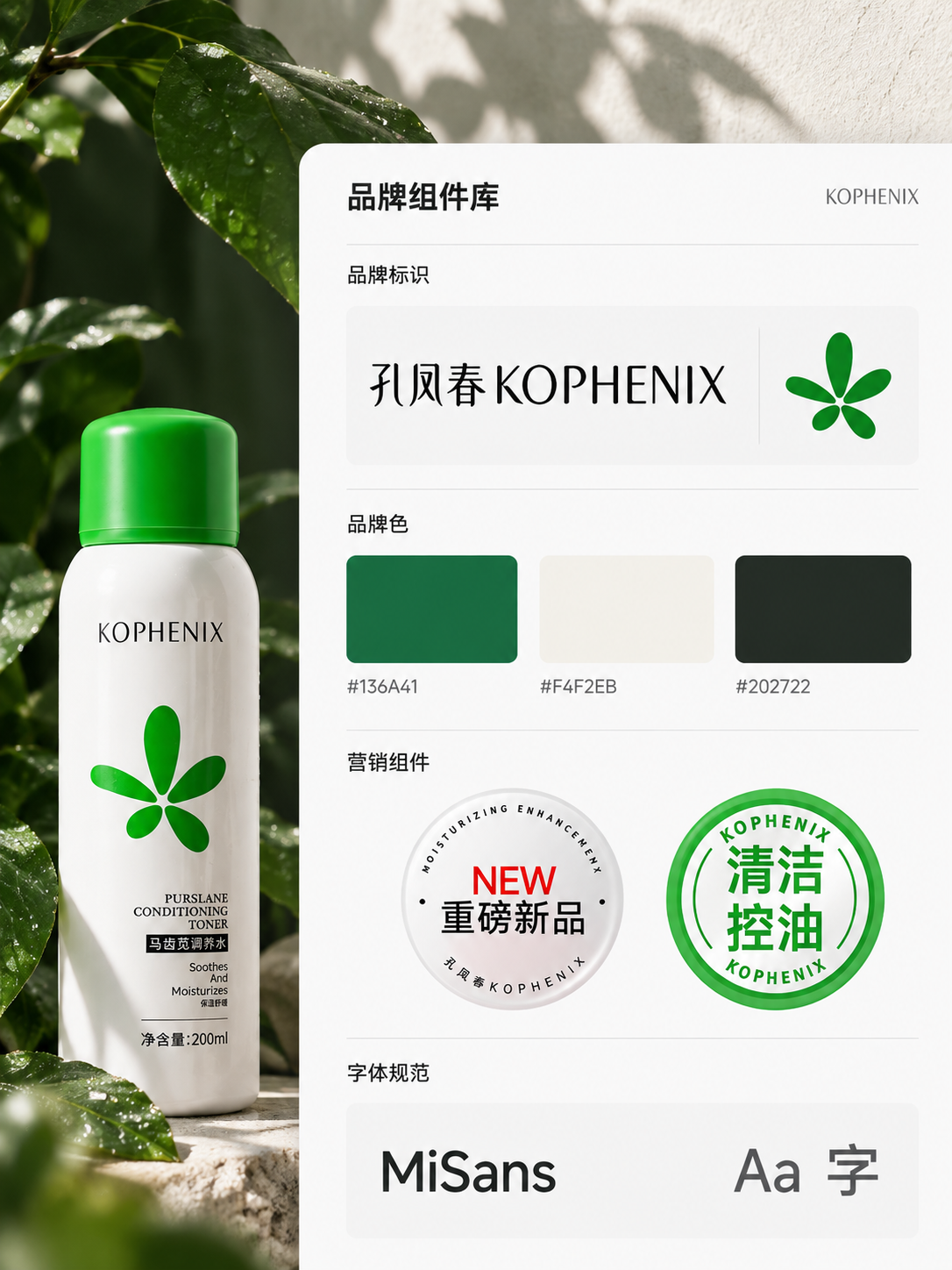 品牌组件库界面示意:孔凤春标识、绿白黑配色、真实营销徽章与 MiSans 字体规范。