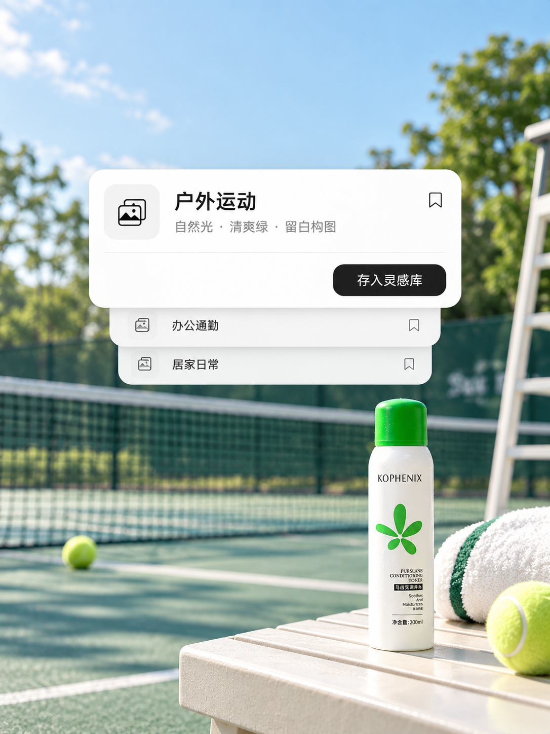 场景灵感库界面示意:清晨球场中的孔凤春产品,叠放户外运动、办公通勤与居家日常参考卡。
