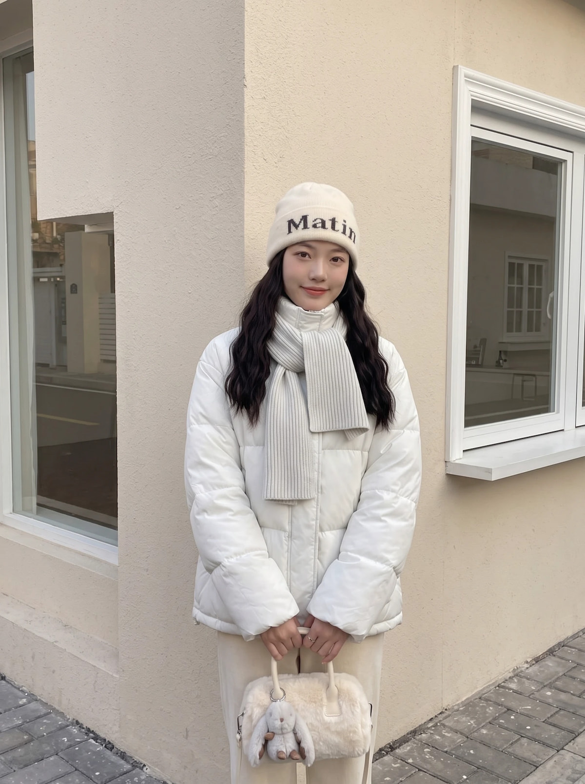 白色羽绒服、围巾与针织帽的冬日奶油色街拍